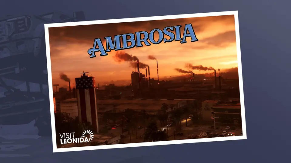 Postal oficial de Ambrosia: chimeneas humeantes de una refinería al atardecer.