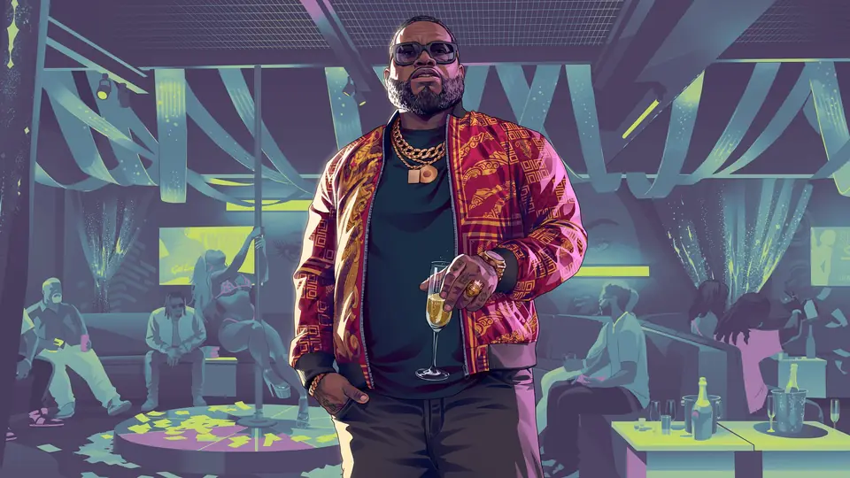 Boobie Ike de pie en su club, con chaqueta roja y una copa en la mano, en la ilustración oficial de GTA VI.