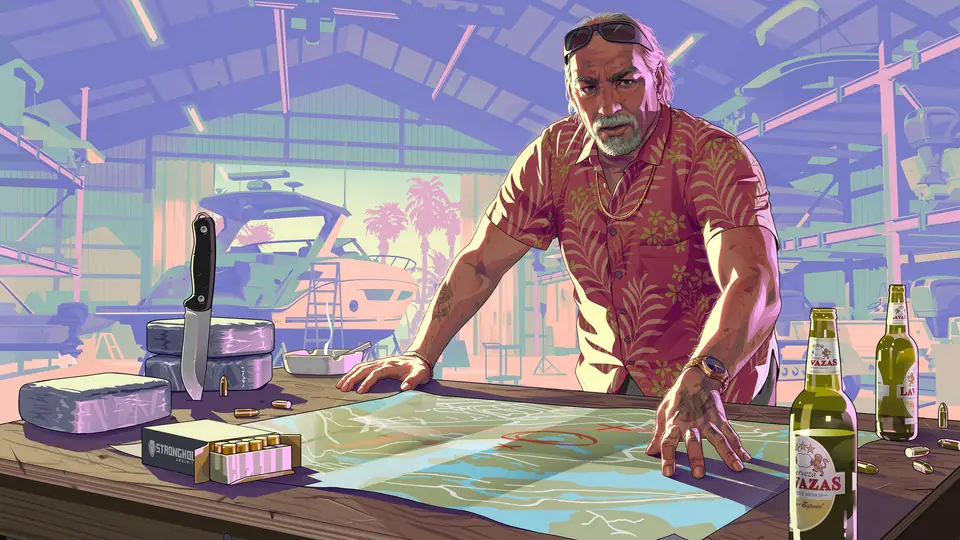 Brian Heder, con camisa estampada, apoyado en una mesa con un mapa y cervezas en su varadero, en la ilustración oficial de GTA VI.