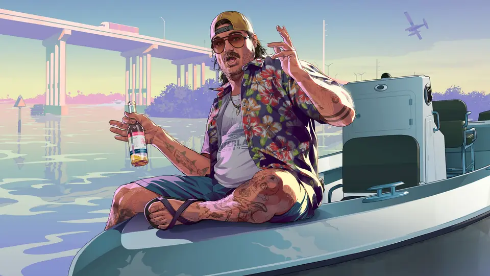 Cal Hampton sentado en una lancha con una cerveza en la mano, junto a un puente, en la ilustración oficial de GTA VI.