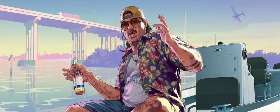 Cal Hampton, con gorra y camisa de flores, en una lancha con una cerveza en la mano, en la ilustración oficial de GTA VI.
