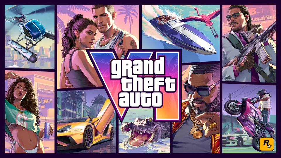 Portada oficial de GTA VI: el logo en el centro rodeado de viñetas con Jason y Lucia, un helicóptero, una lancha con un flamenco, Raul Bautista, Boobie Ike, un caimán, un deportivo y una moto.