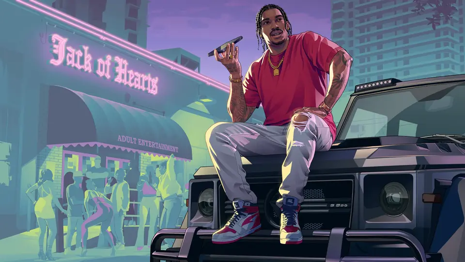 Dre'Quan Priest sentado sobre un todoterreno frente al club Jack of Hearts, en la ilustración oficial de GTA VI.