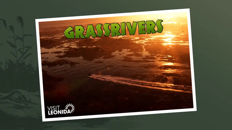 Postal oficial de Grassrivers: un hidrodeslizador cruza los humedales al atardecer.