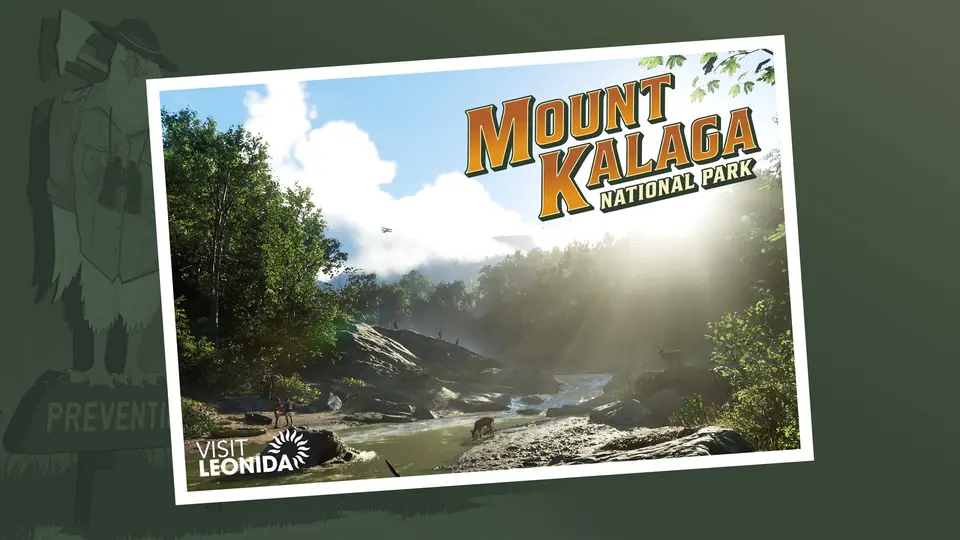 Postal oficial del Parque Nacional Mount Kalaga: un río entre rocas y bosque, con un ciervo bebiendo.