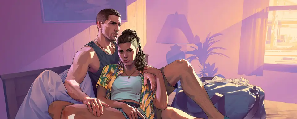 Jason y Lucia descansando en la cama de un motel, en una ilustración oficial de GTA VI.
