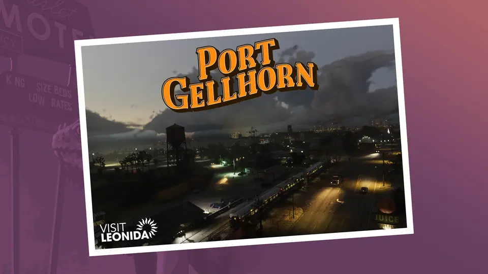 Postal oficial de Port Gellhorn: el pueblo de noche, con un depósito de agua y vías de tren, bajo nubes de tormenta.