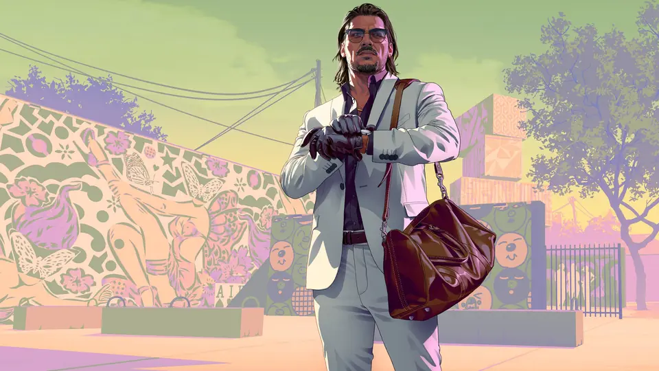 Raul Bautista, con traje claro, una bolsa y una pistola, frente a un mural, en la ilustración oficial de GTA VI.