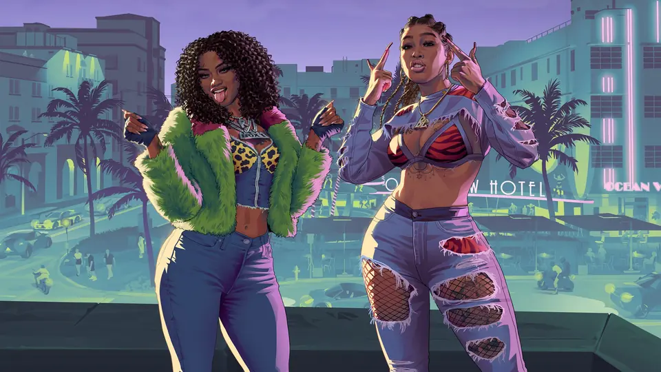 Bae-Luxe y Roxy, el dúo Real Dimez, posando juntas en la ilustración oficial de GTA VI.