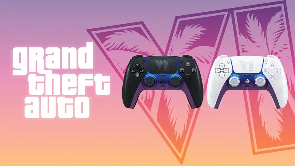 Los dos mandos DualSense de GTA VI, negro y blanco, junto al logo del juego sobre un fondo rosa y naranja.
