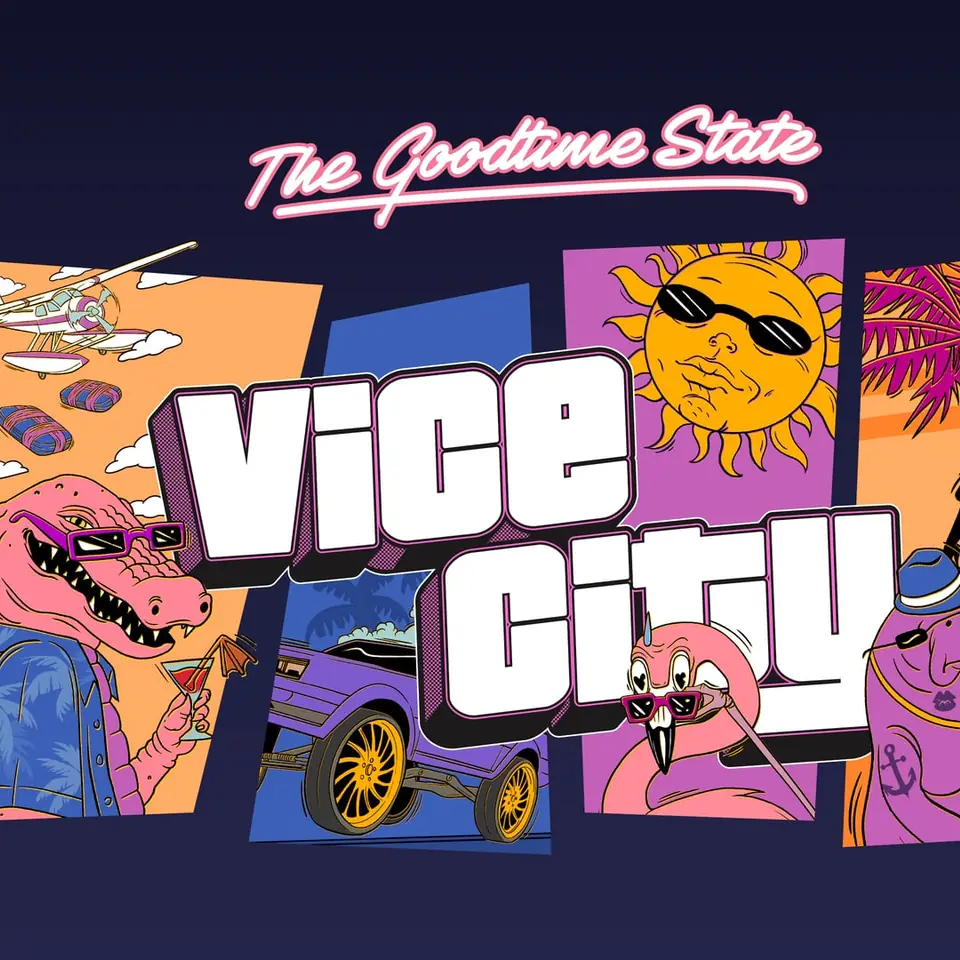 Ilustración de The Goodtime State: el rótulo de Vice City entre viñetas con un caimán, un flamenco y un sol con gafas.