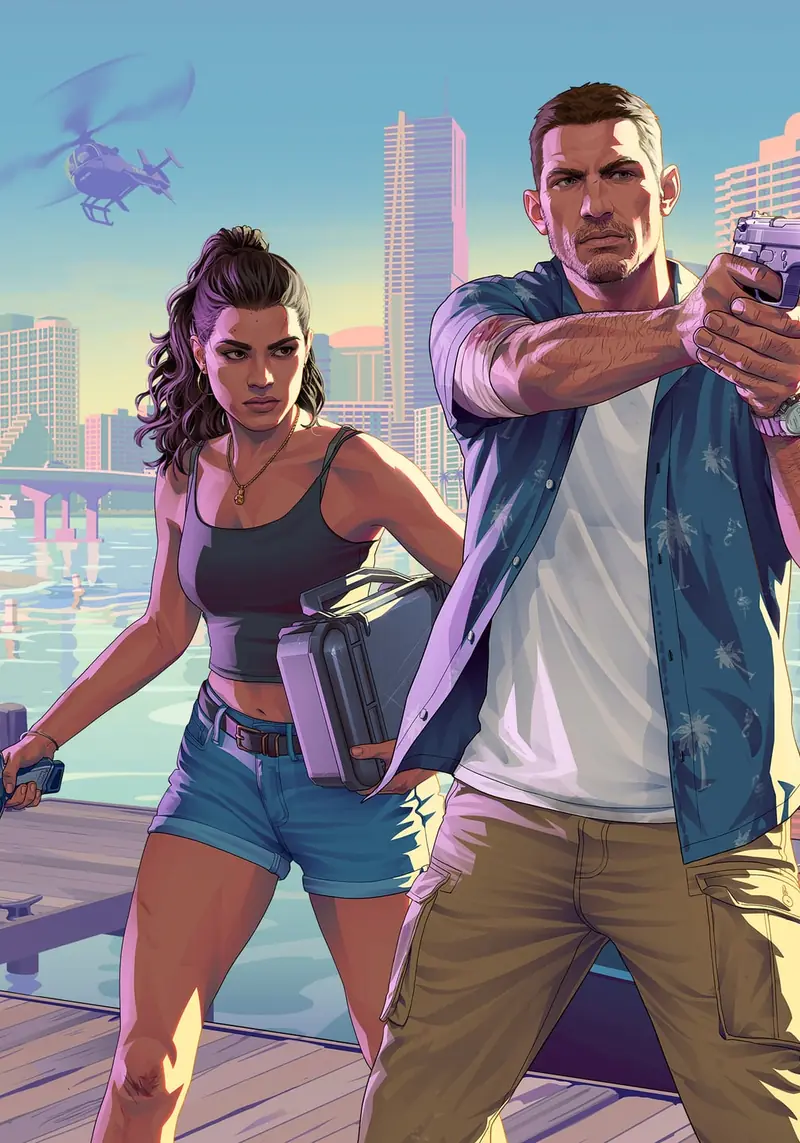 Jason apuntando con una pistola junto a Lucia en un muelle de Vice City.