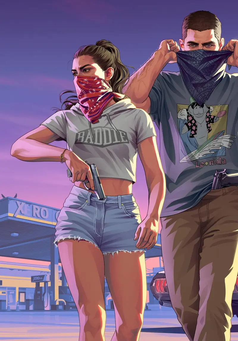 Jason y Lucia, con pañuelos tapándoles la cara y pistolas, frente a una gasolinera.