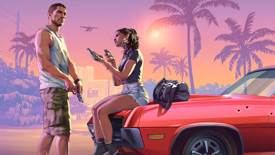Jason, de pie con una pistola, y Lucia, sentada en el capó de un coche rojo, bajo las palmeras al atardecer: el artwork del tráiler de lanzamiento.