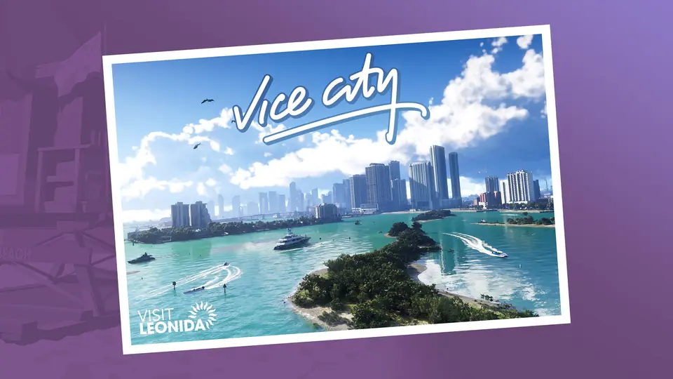 Postal oficial de Vice City: los rascacielos de la ciudad junto a la bahía y sus islas.