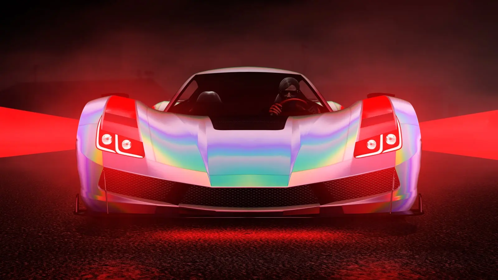 Un personaje de GTA Online al volante de un Överflöd Suzume con pintura perlada y luces de bajos rojas.