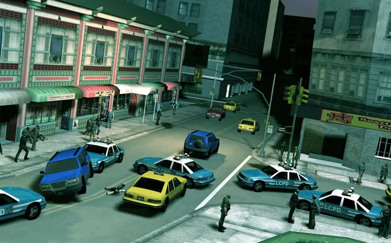 A GTA III beta image: a Chinatown junction in Liberty City crowded with LCPD police cars, yellow taxis and officers on the street.