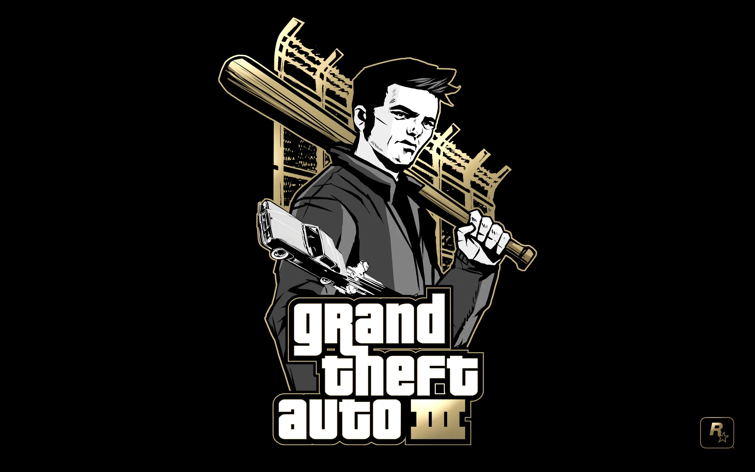 Official GTA III art in black and gold: Claude with a baseball bat over his shoulder, a car in mid-air and the game logo below.