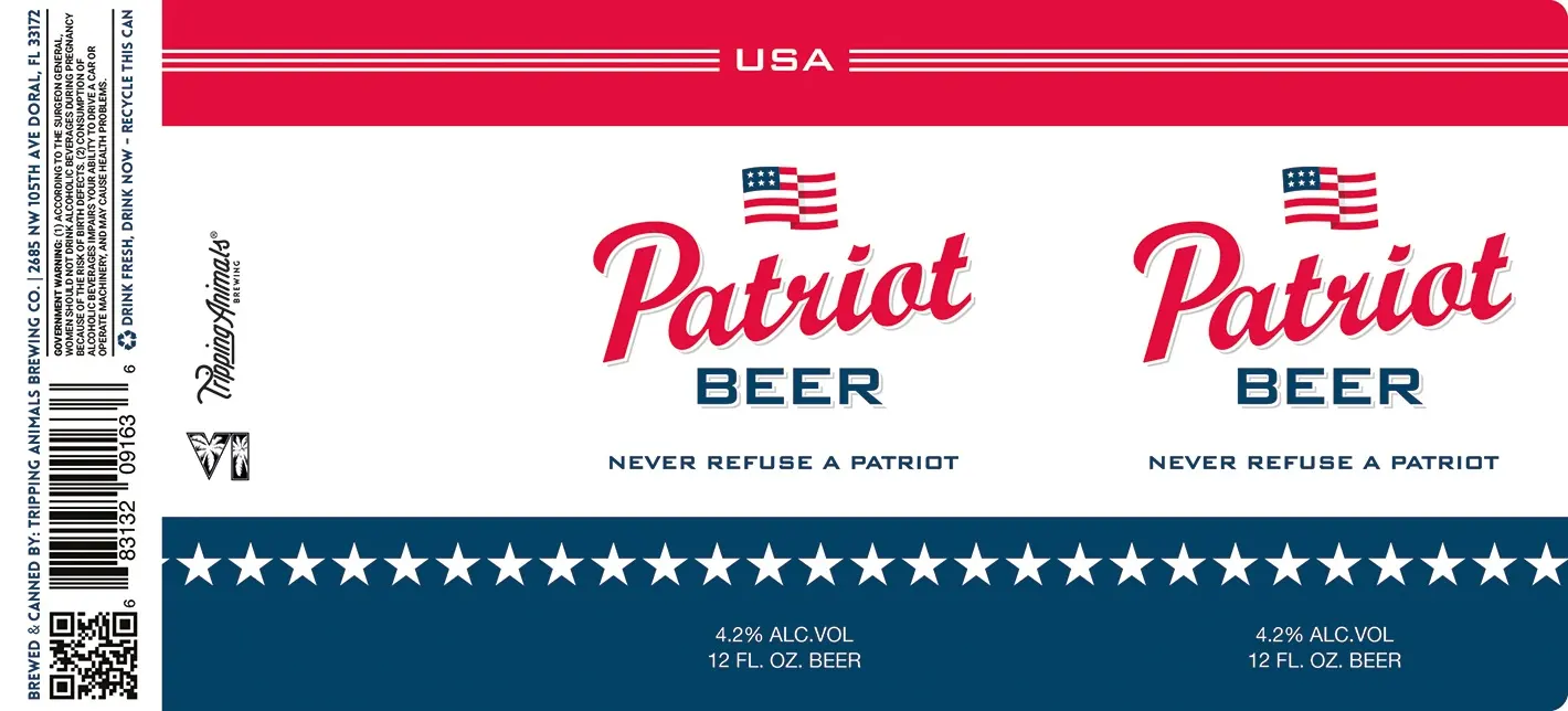 The Patriot Beer can label: a red band reading USA, an American flag, the Never Refuse a Patriot slogan and a blue band of white stars.