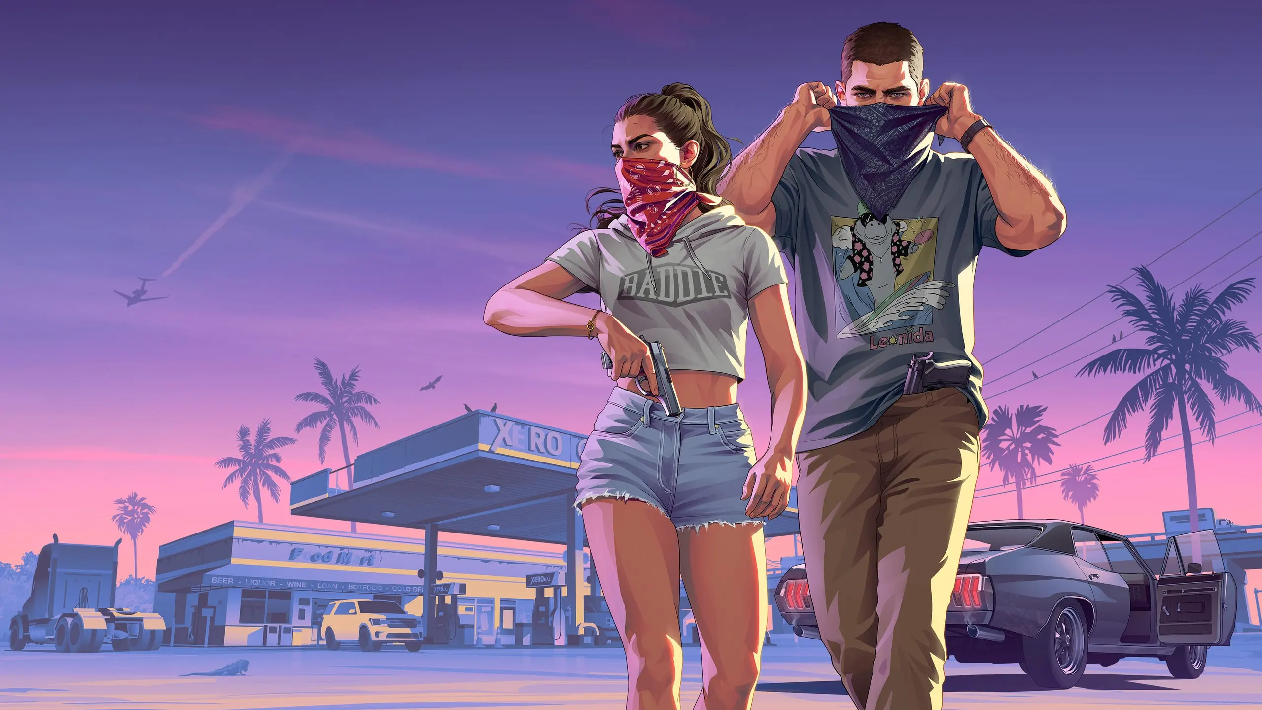 Official GTA VI artwork: Jason and Lucia, wearing balaclavas, hold up a store with their guns raised.