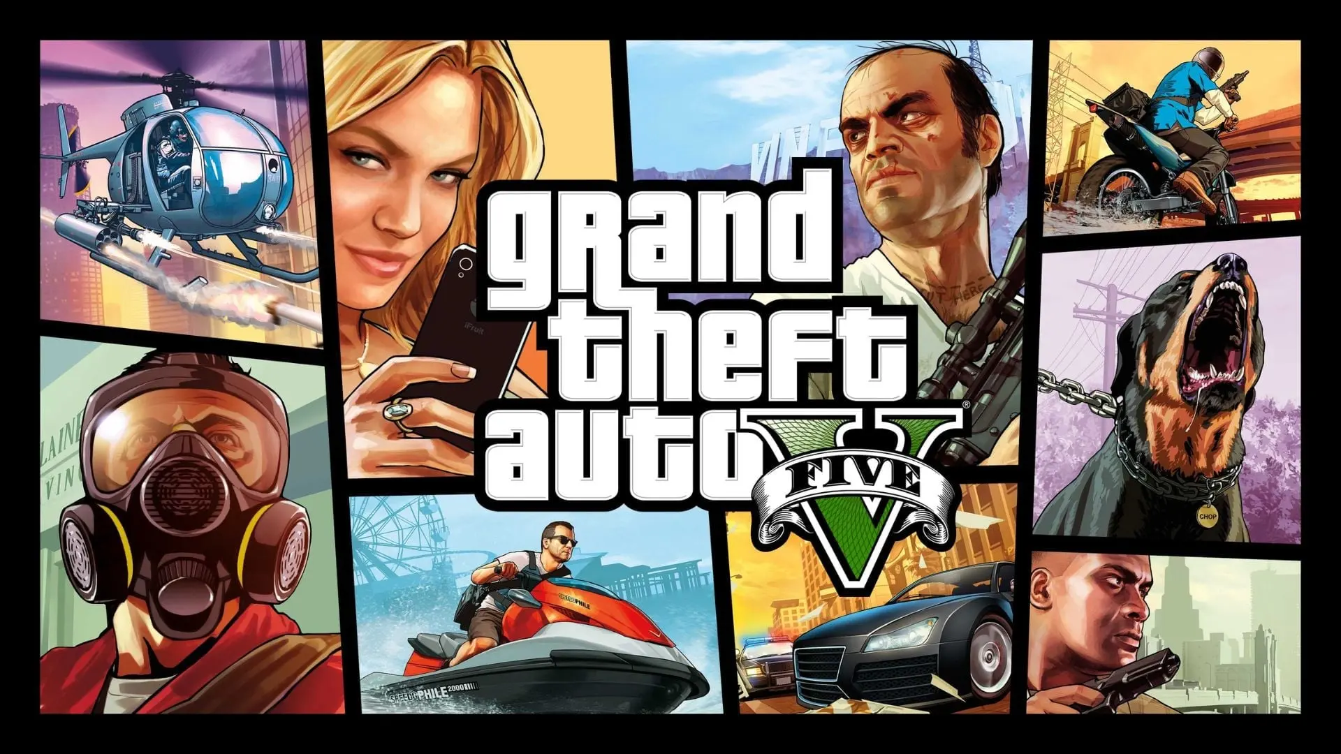 Portada oficial de GTA V: el logotipo rodeado de viñetas con una mujer en bikini, Trevor, Franklin, un perro, una moto de agua y un helicóptero.