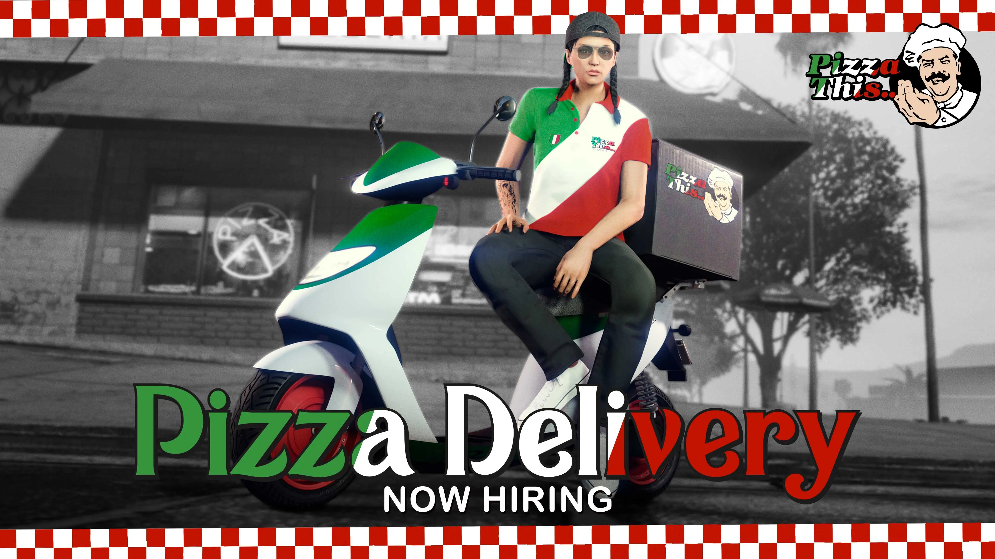 A GTA Online character in the green, white and red Pizza This… outfit sitting on a Pegassi Pizza Boy scooter.
