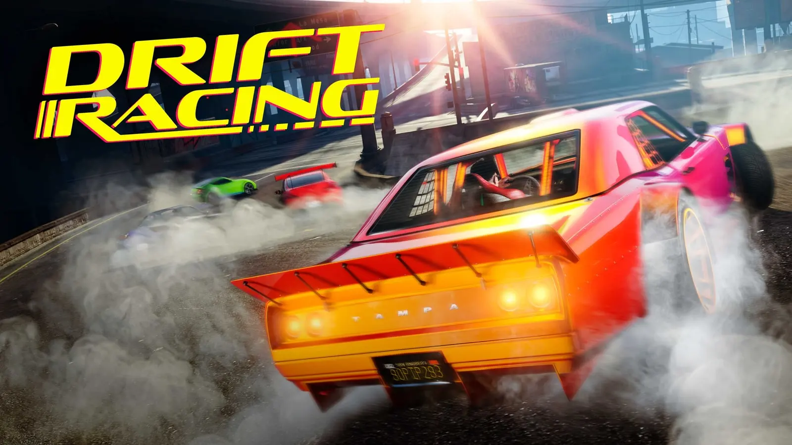 Cartel de Drift Racing con un muscle naranja derrapando entre humo.