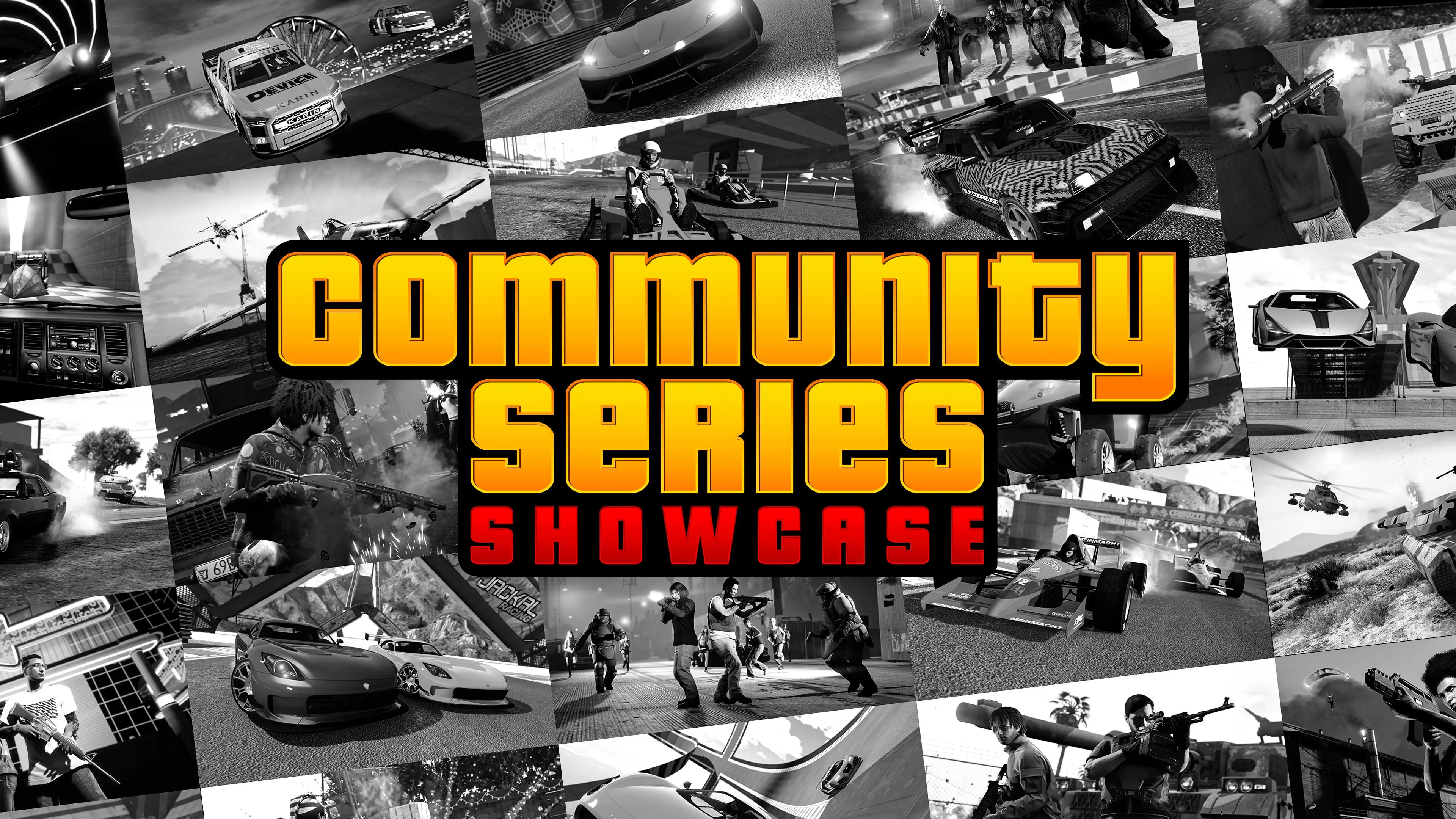 GTA Online Community Series Showcase poster with scenes of player races and firefights.