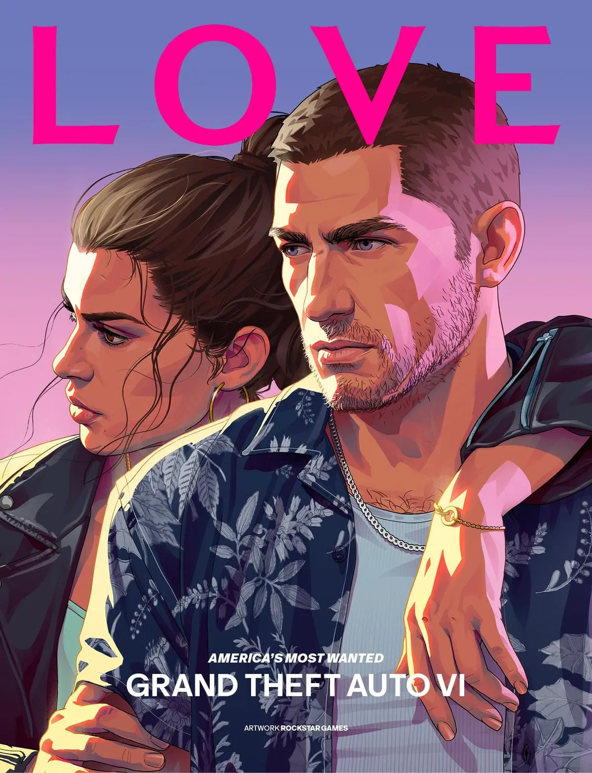 The cover of LOVE issue 27: an illustration of Jason and Lucia embracing against a pink and purple background, with the line “America’s Most Wanted”.