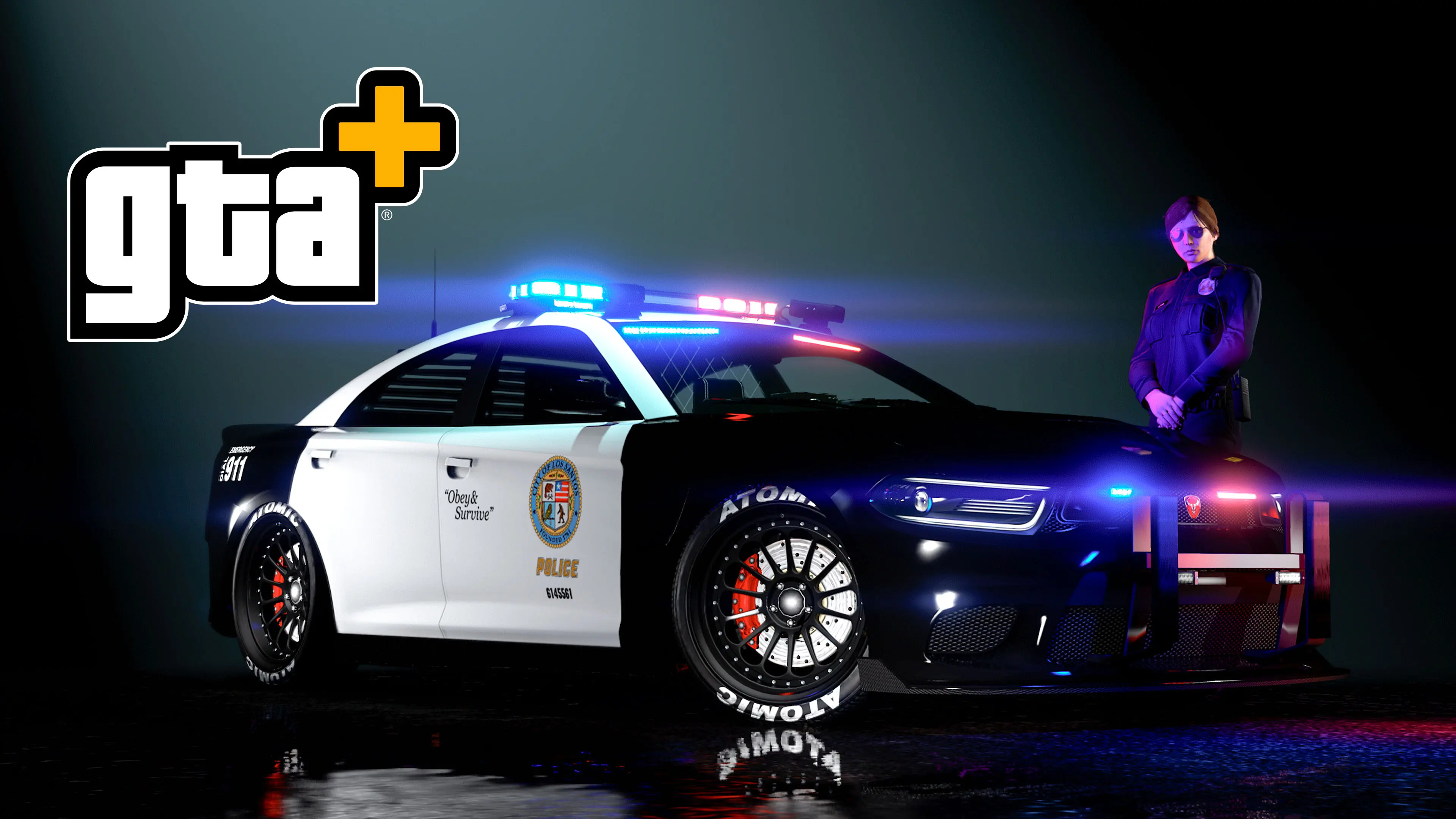 Cartel de GTA+ con un Bravado Buffalo STX Pursuit policial con las luces encendidas.
