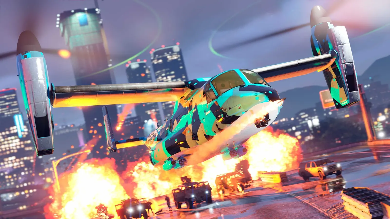 The Mammoth Avenger flying over the city and firing amid explosions.