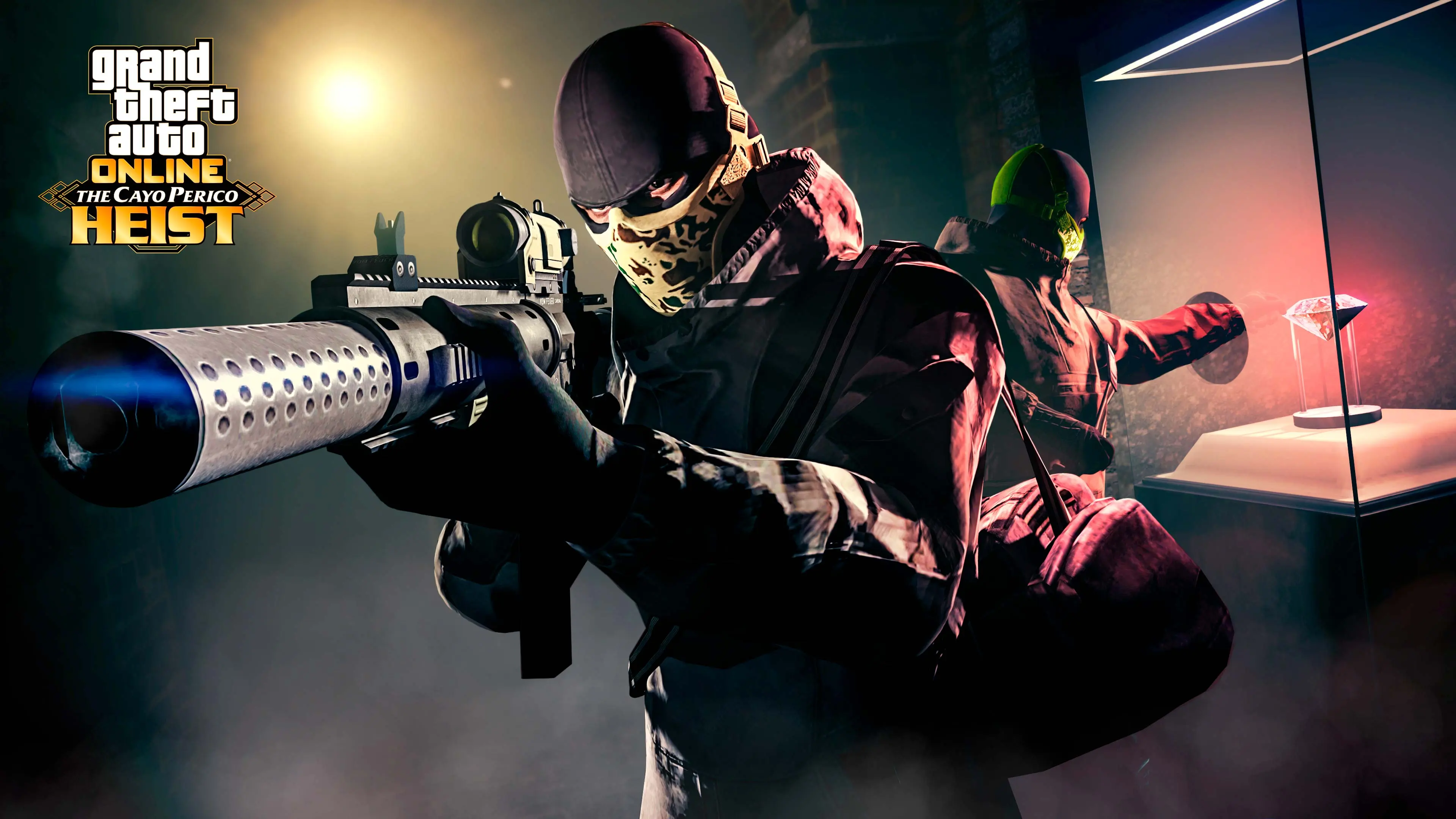 Cayo Perico Heist poster: two masked, armed robbers steal the Pink Diamond.