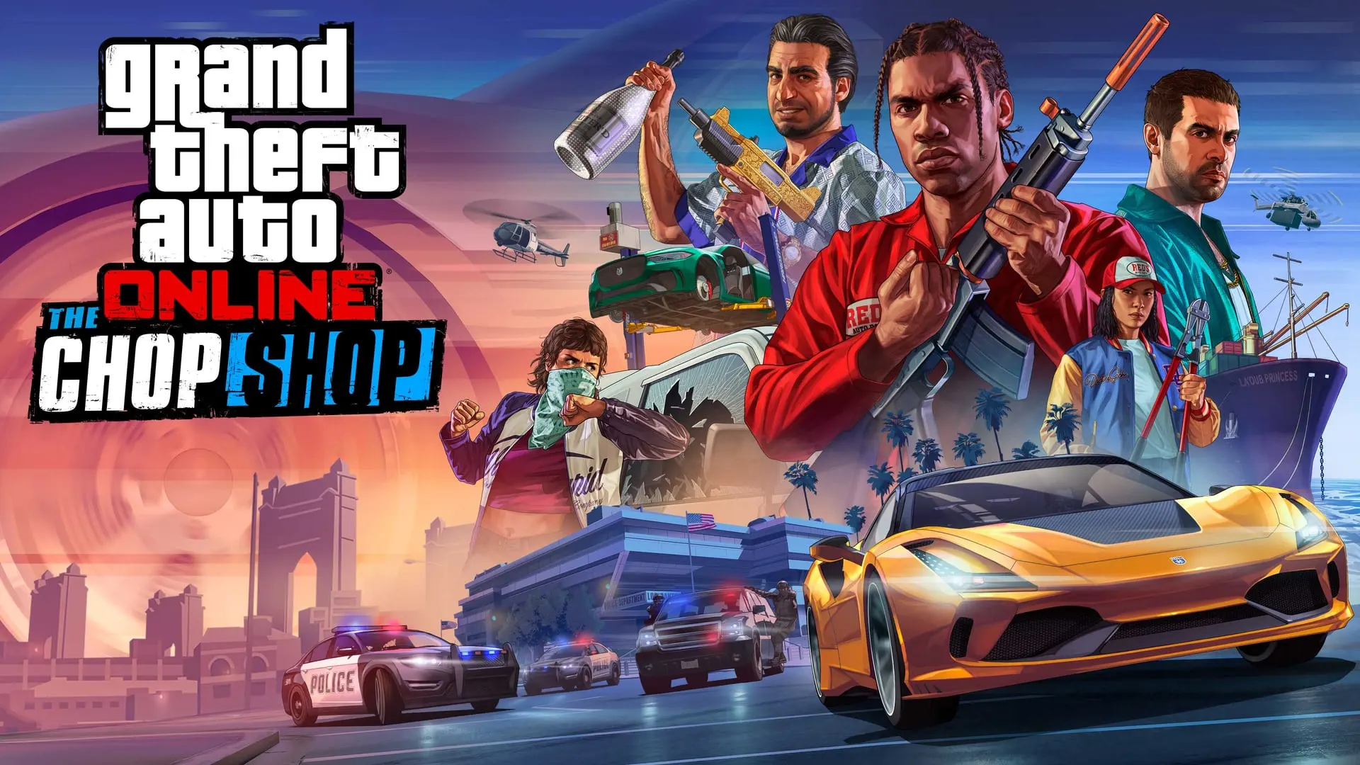 Arte principal de GTA Online: The Chop Shop con Yusuf Amir, Jamal y su banda armados sobre un deportivo amarillo perseguido por coches patrulla.
