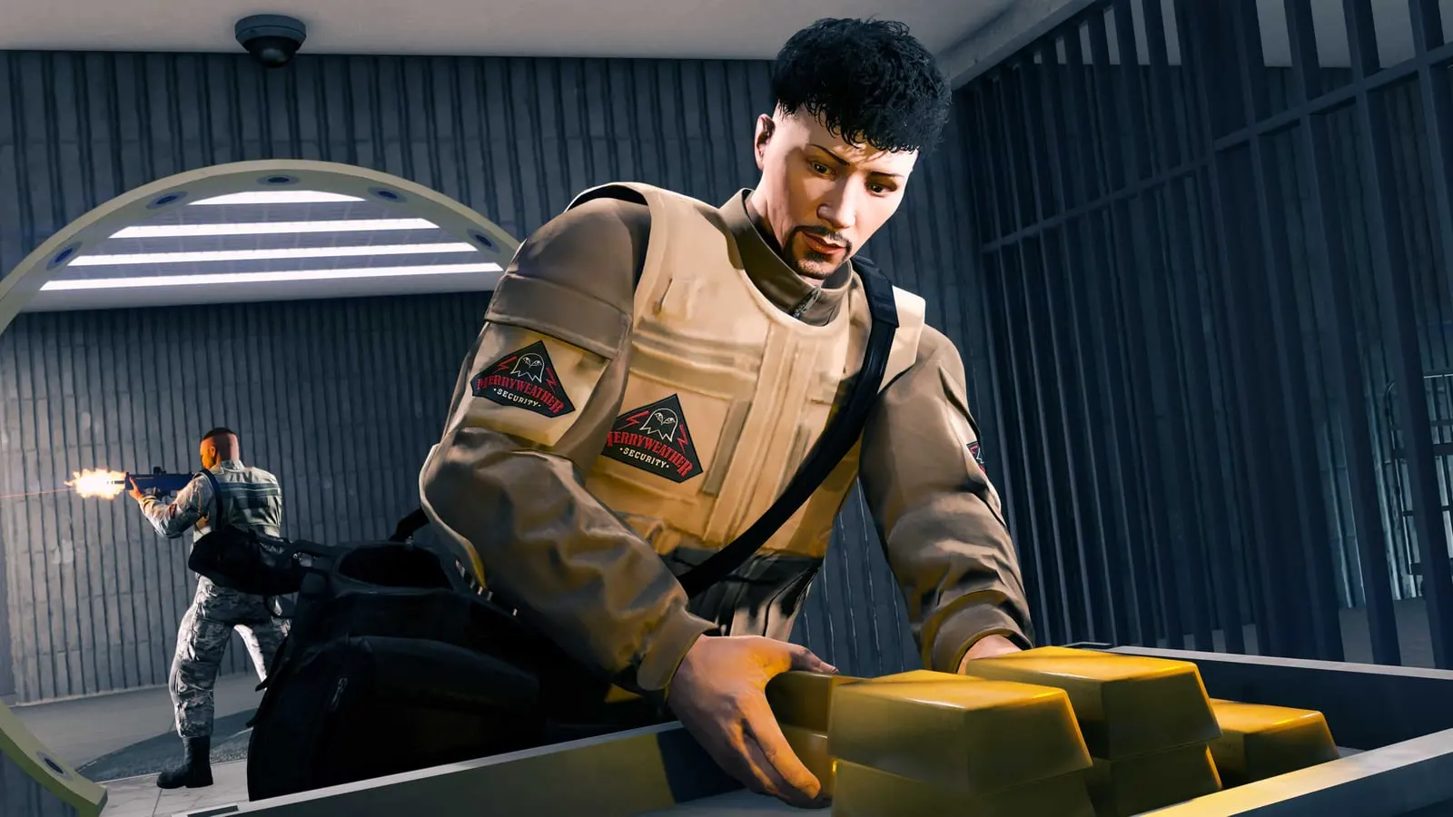 A GTA Online character stuffs gold bars into a bag inside the vault while another fires in the background.