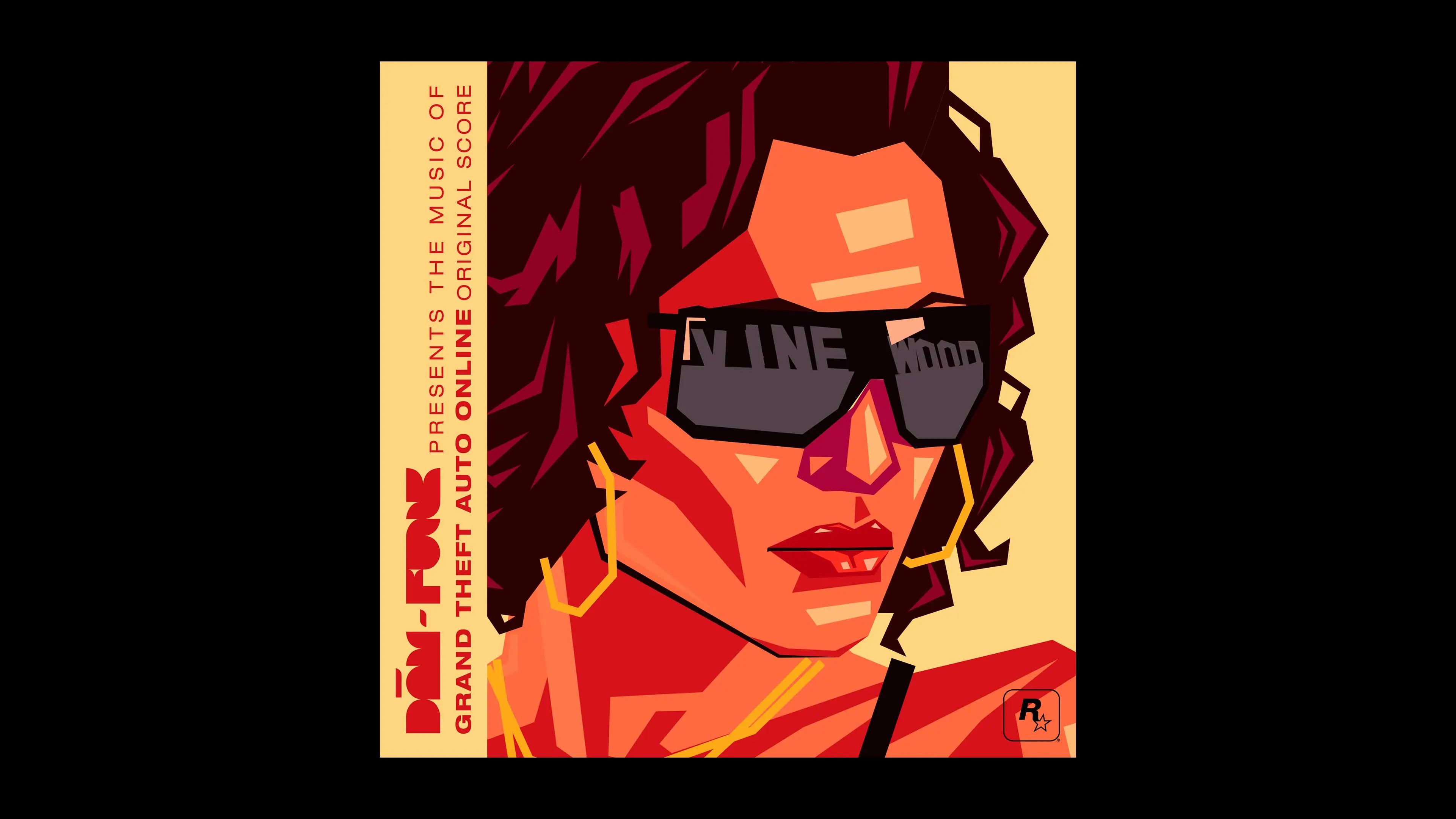 Portada del disco de DāM-FunK: ilustración de una mujer con gafas de sol con la palabra «Vinewood» reflejada, en tonos rojos.