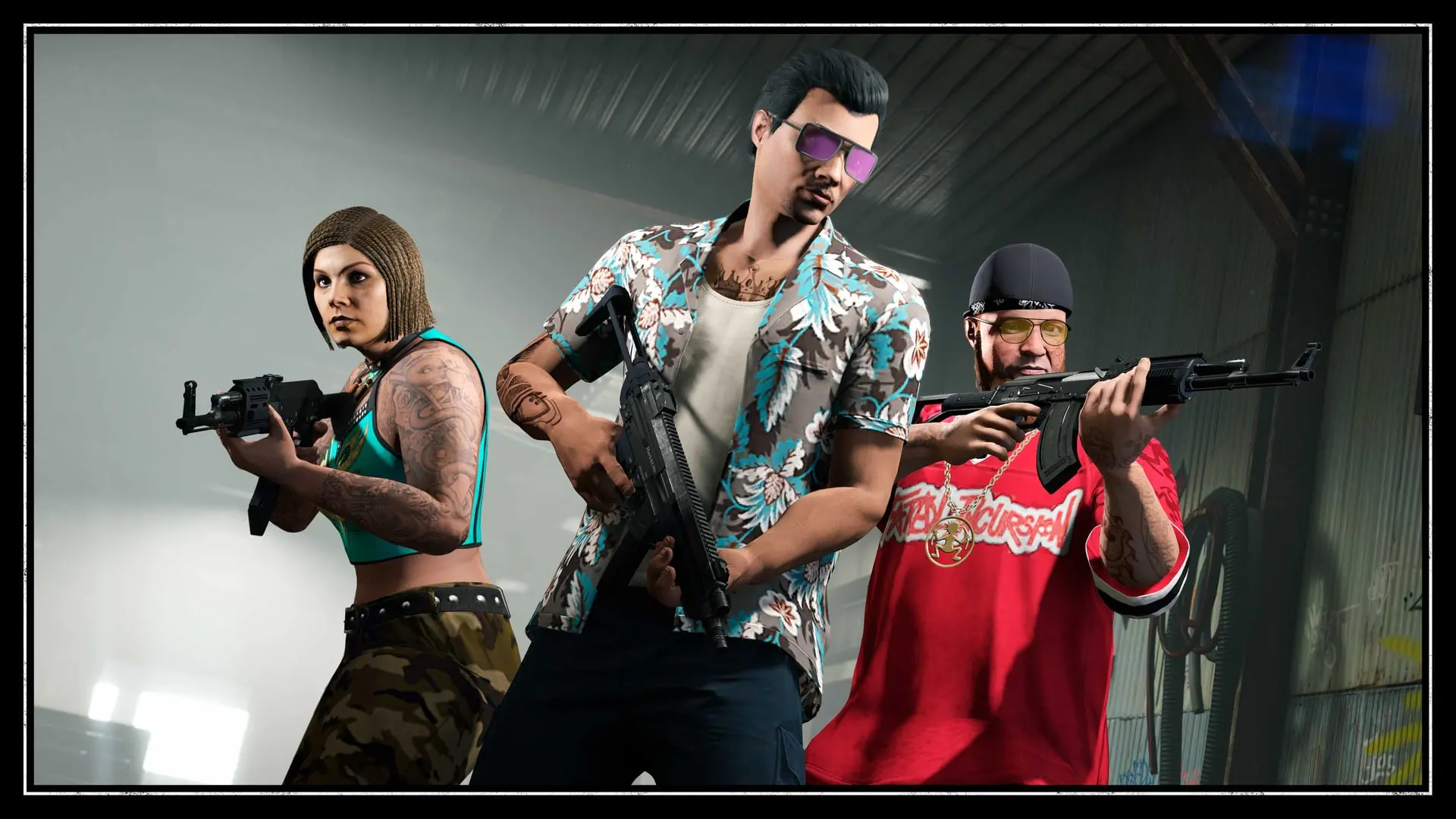 Tres miembros de los Fooliganz posan armados con rifles en The Last Dose, la conclusión de Los Santos Drug Wars en GTA Online.