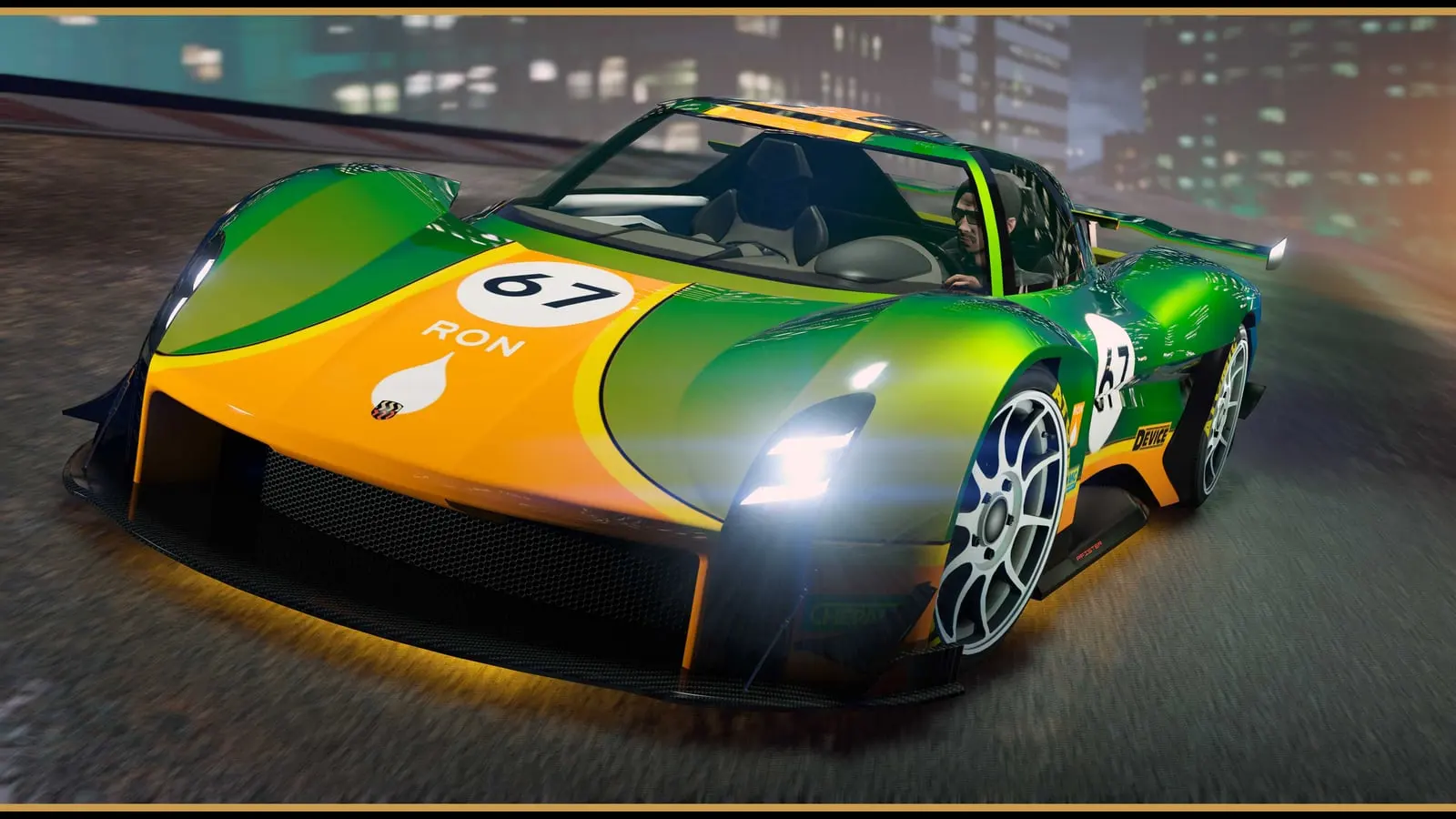 A green and orange track car with underglow speeding along a circuit.