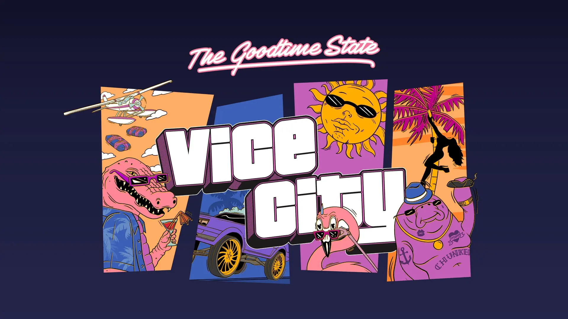 Ilustración de The Goodtime State – Vice City Collection de GTA 6: el caimán Macca the Gator, un sol con gafas de sol, un flamenco y el manatí Chunkee en viñetas de colores alrededor del logo de Vice City.