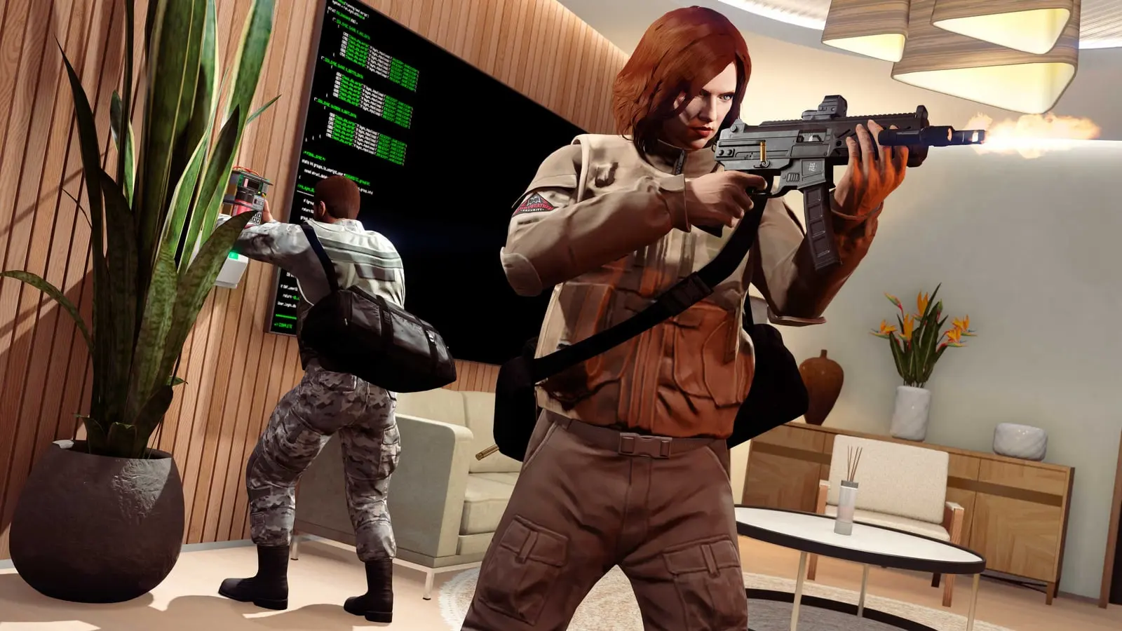 Two GTA Online characters in a mansion office: one planting an explosive while the other opens fire.