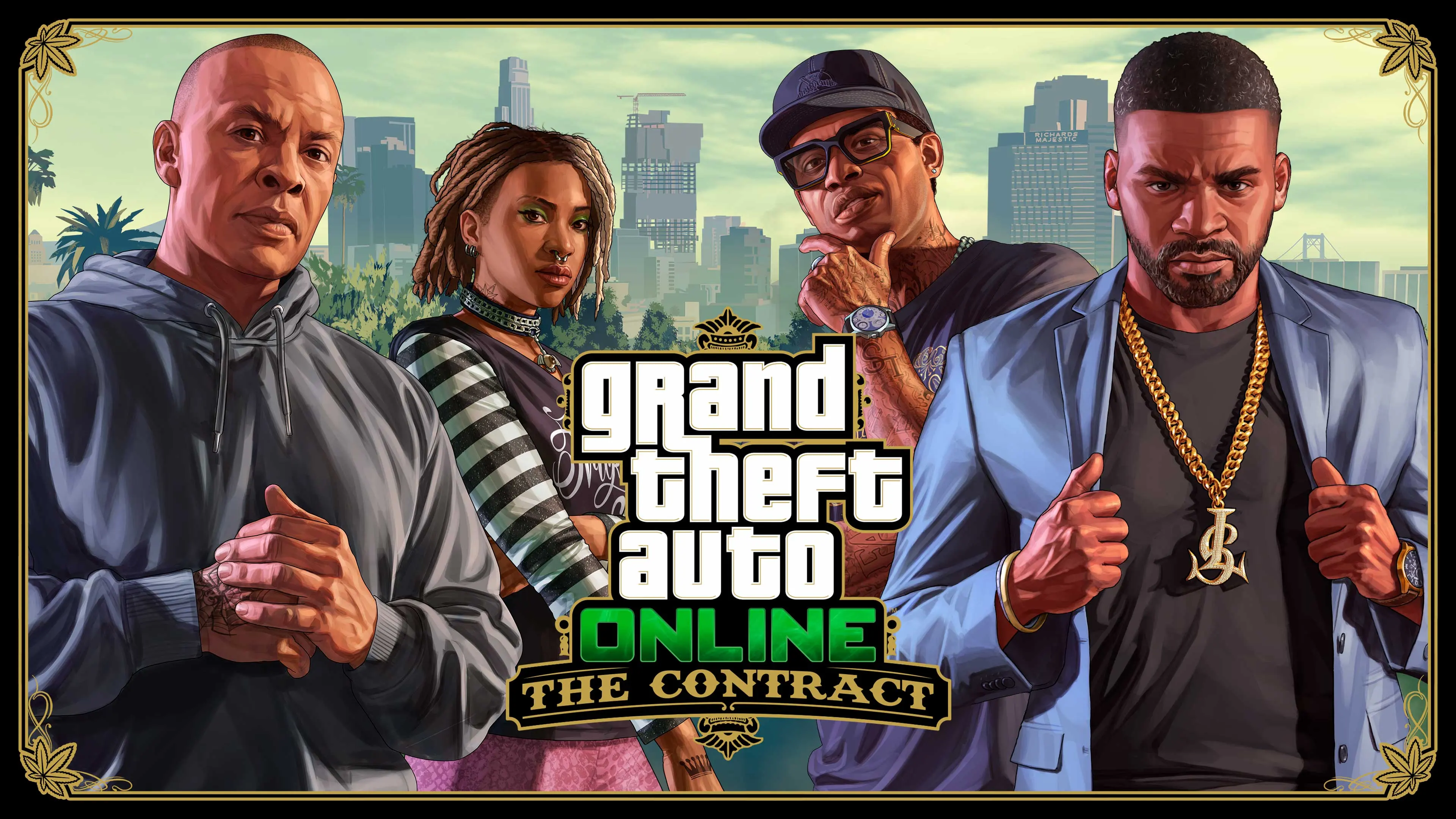 Dr. Dre, Imani, Lamar y Franklin posan juntos junto al logotipo de The Contract de GTA Online.