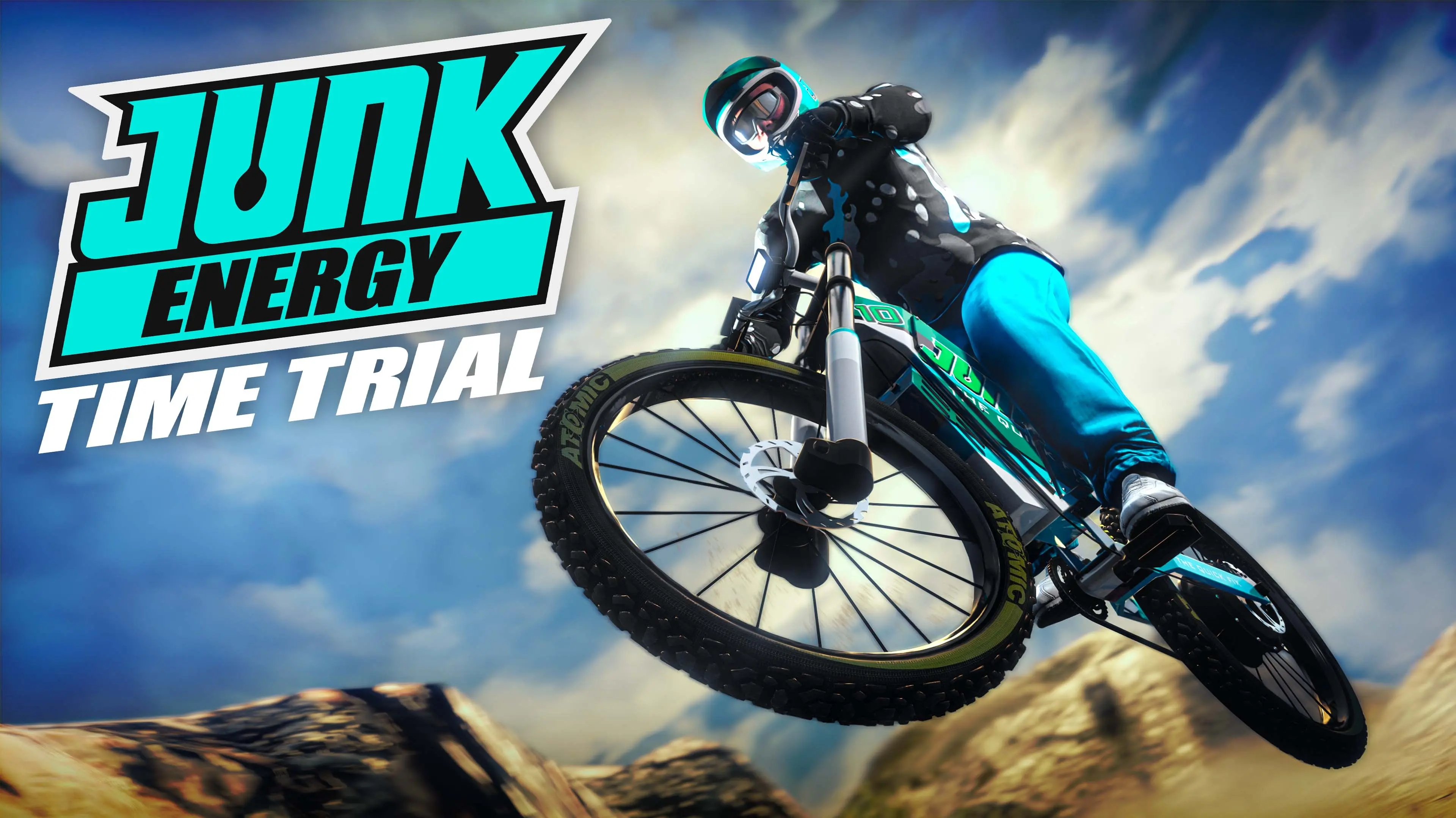 A GTA Online character catches air on an off-road e-bike beside a rocky landscape.