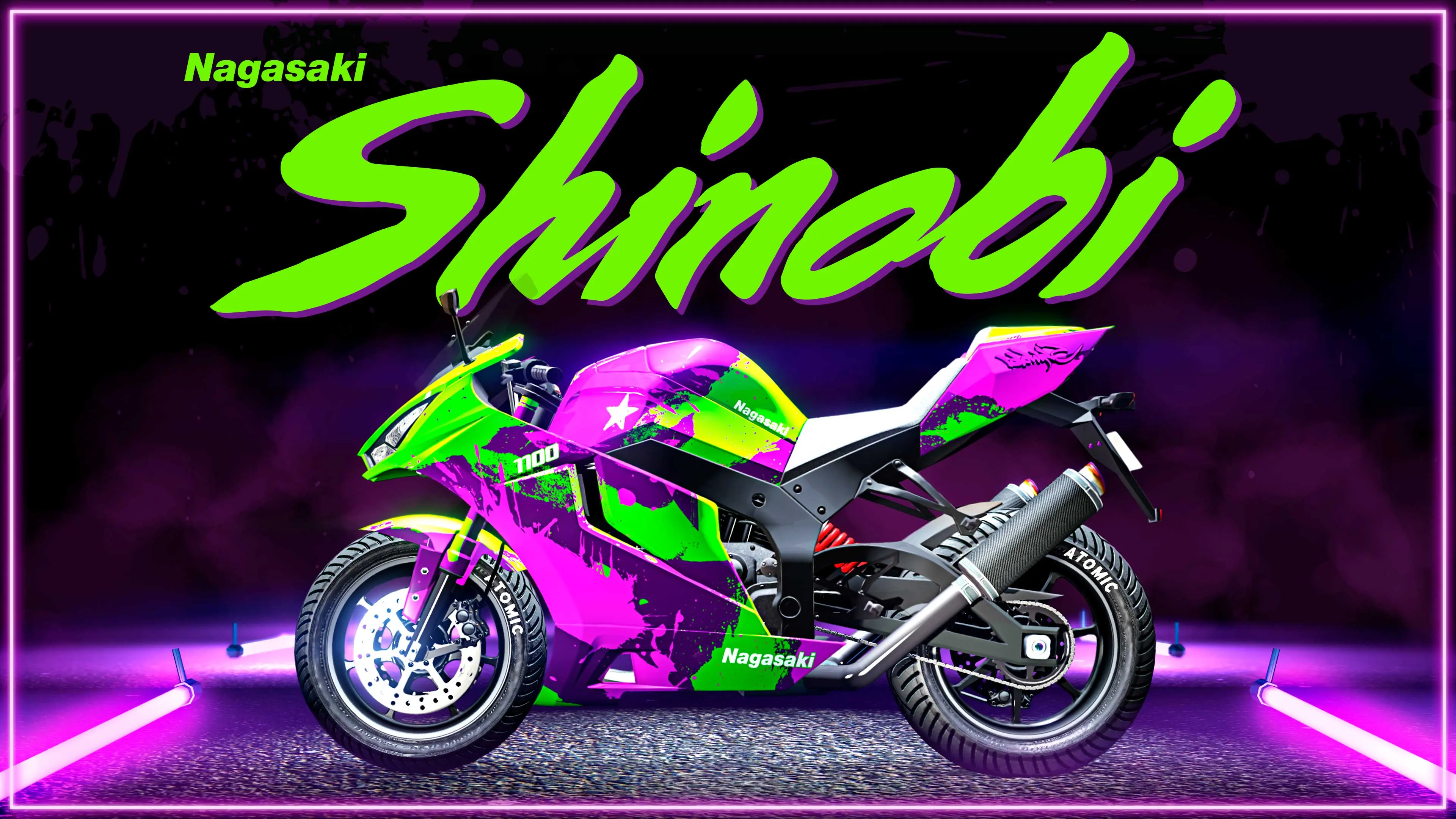 Nagasaki Shinobi poster: a green and purple sports bike against a violet backdrop.