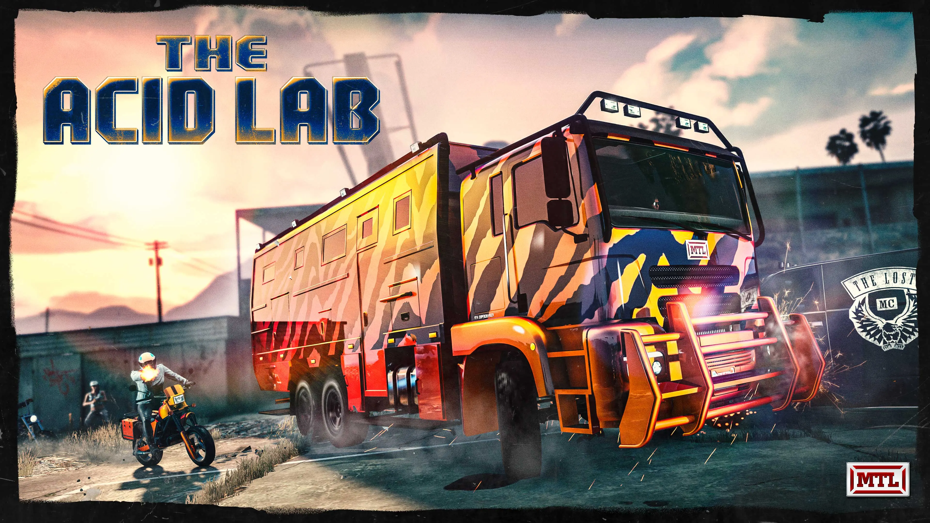The MTL Brickade 6x6 in a yellow and purple tiger livery, with The Acid Lab logo.