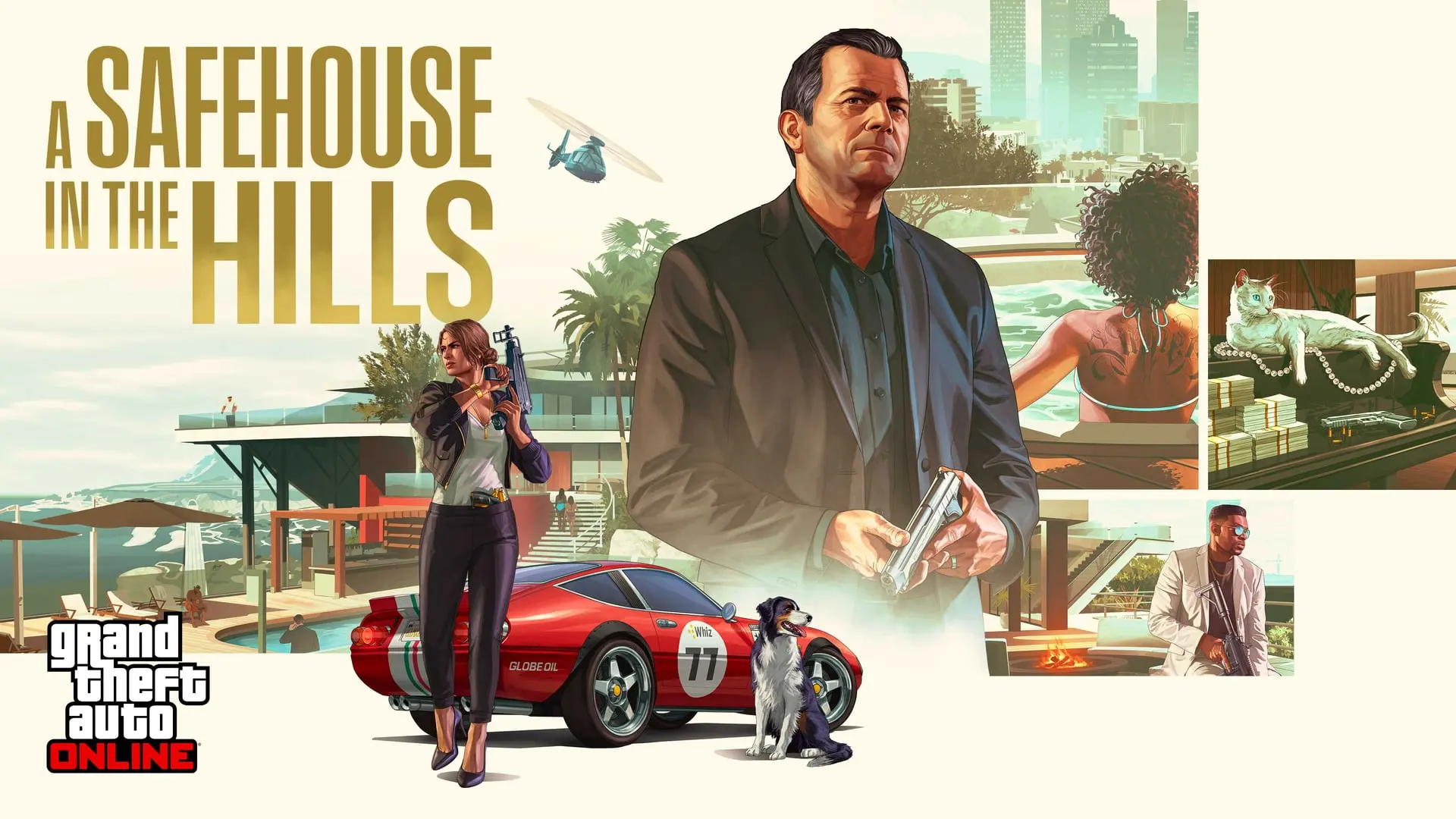 Cartel de GTA Online: A Safehouse in the Hills con Michael De Santa, una mujer con traje de baño, un deportivo rojo, un perro y una mansión con piscina sobre fondo claro.