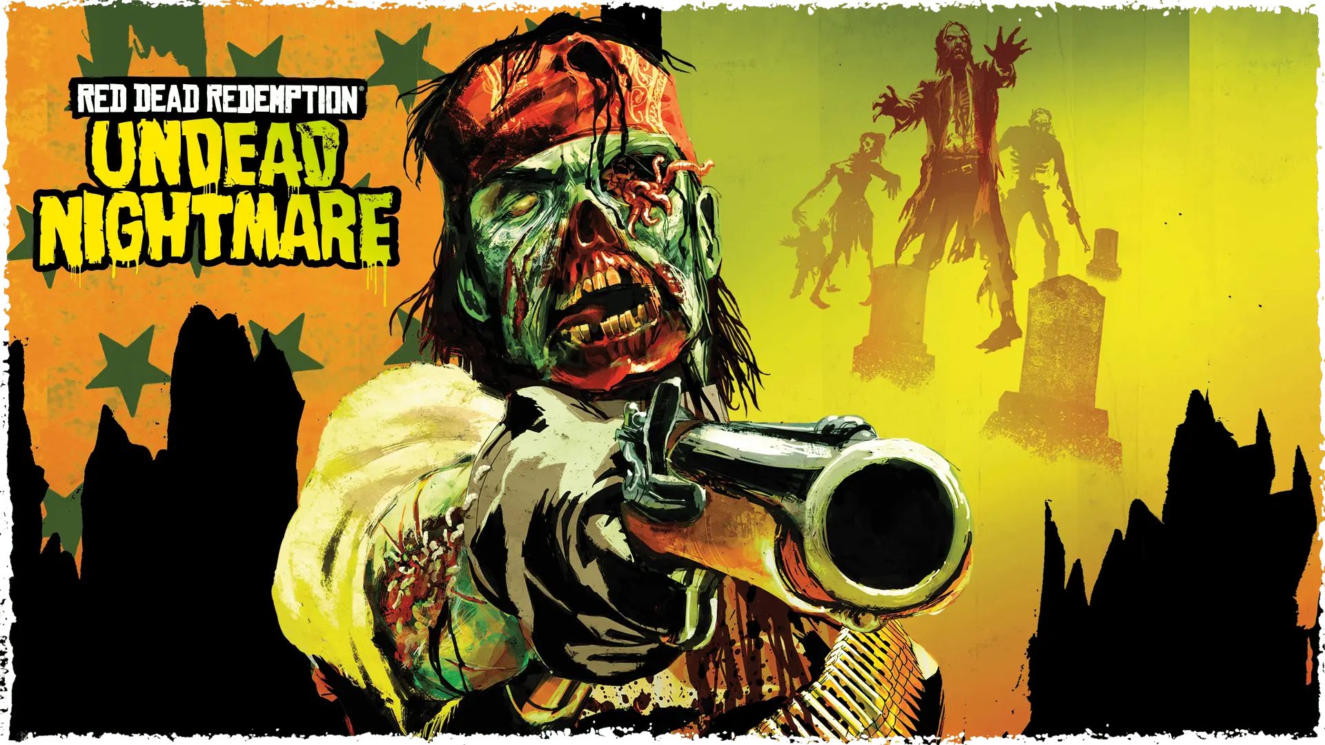 Arte de Undead Nightmare con John Marston convertido en zombi apuntando con una escopeta ante un fondo amarillo con siluetas de muertos vivientes.