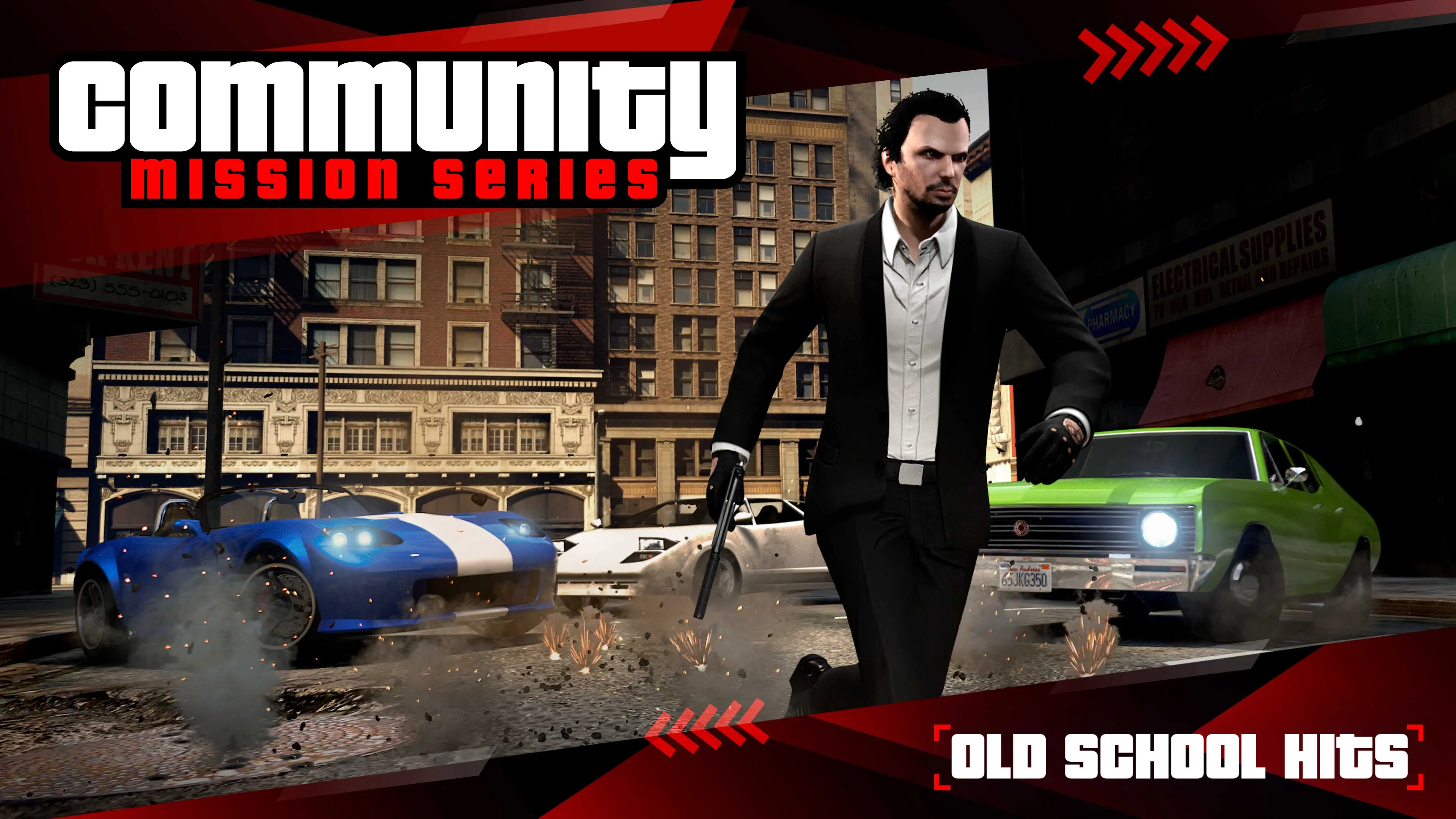 Cartel de la Community Mission Series de GTA Online: un personaje corre entre balas que rebotan en el suelo.
