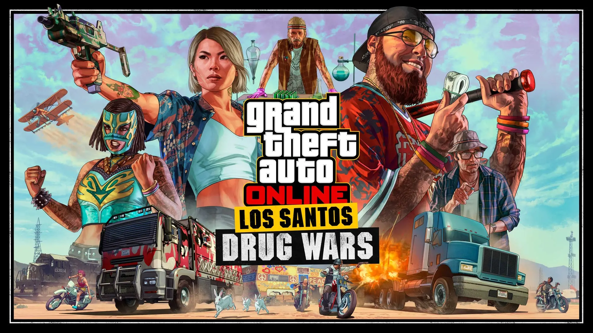 GTA Online: Los Santos Drug Wars key art with an armed Dax, Luchadora in a wrestling mask, Nervous Ron and the Fooliganz among trucks and motorbikes.