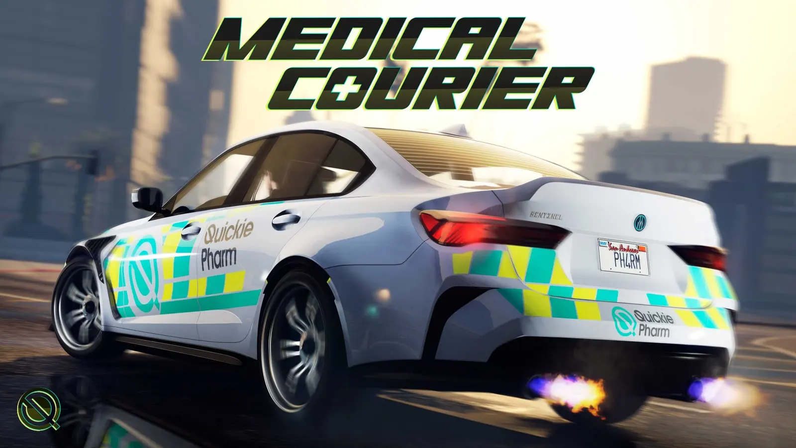 GTA Online Medical Courier poster: a white QuickiePharm car with green and yellow checkered markings.