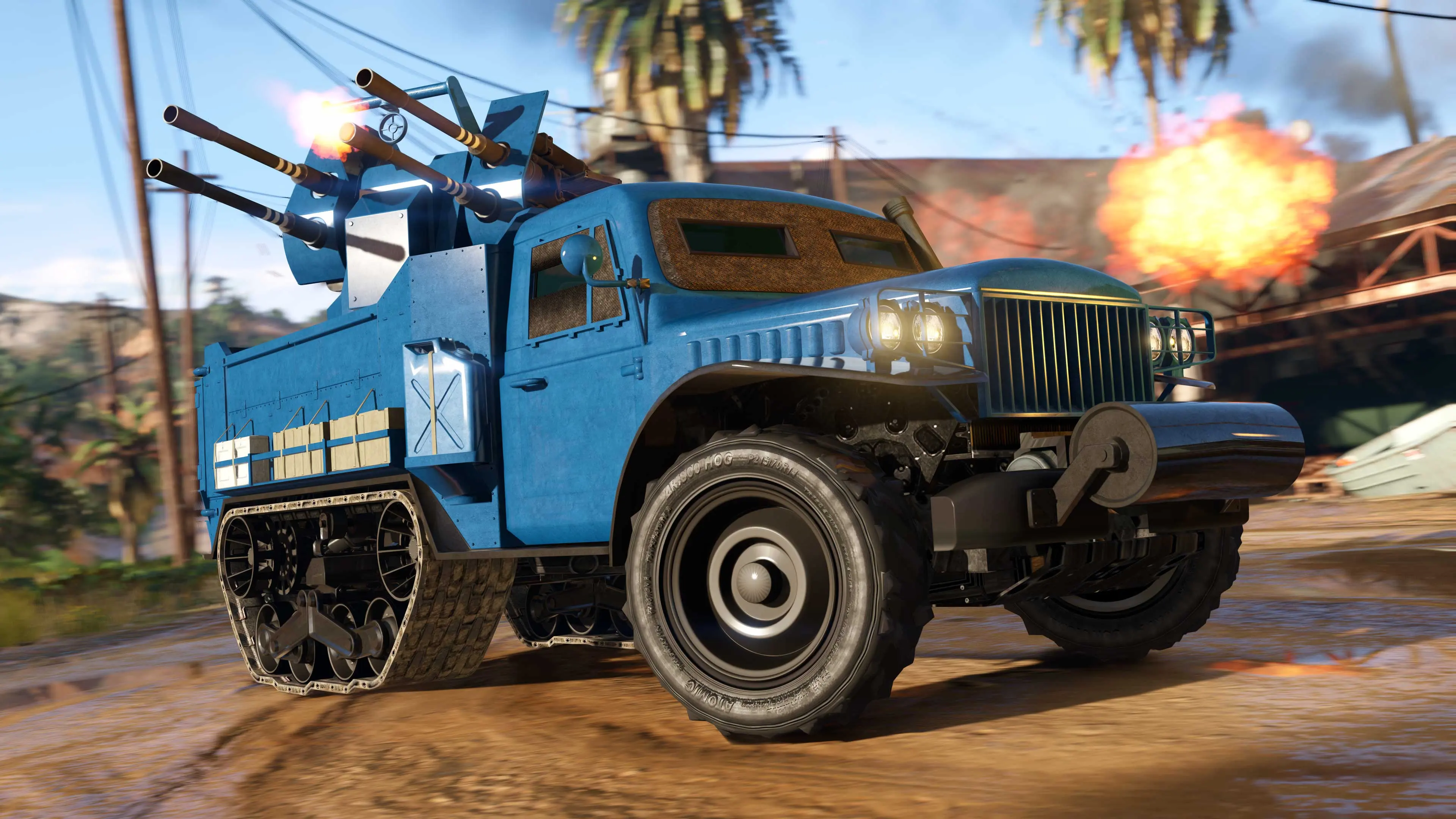 Un Bravado Half-track azul con torretas.