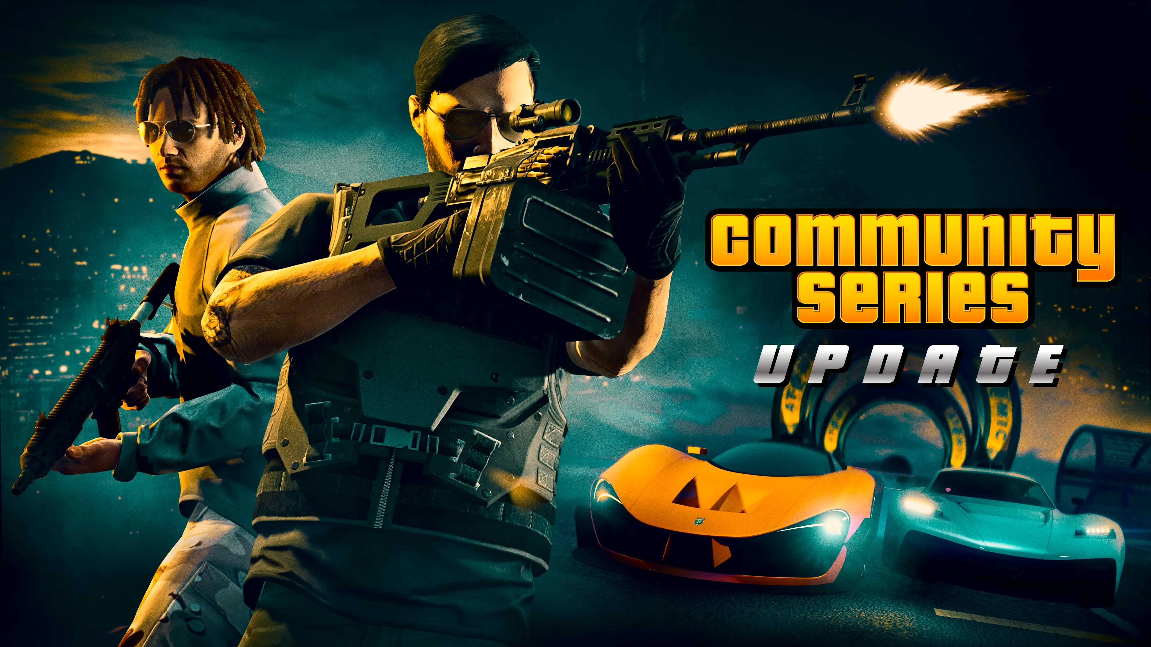 Cartel de la Community Series de GTA Online con dos personajes armados y dos vehículos en una carrera acrobática.